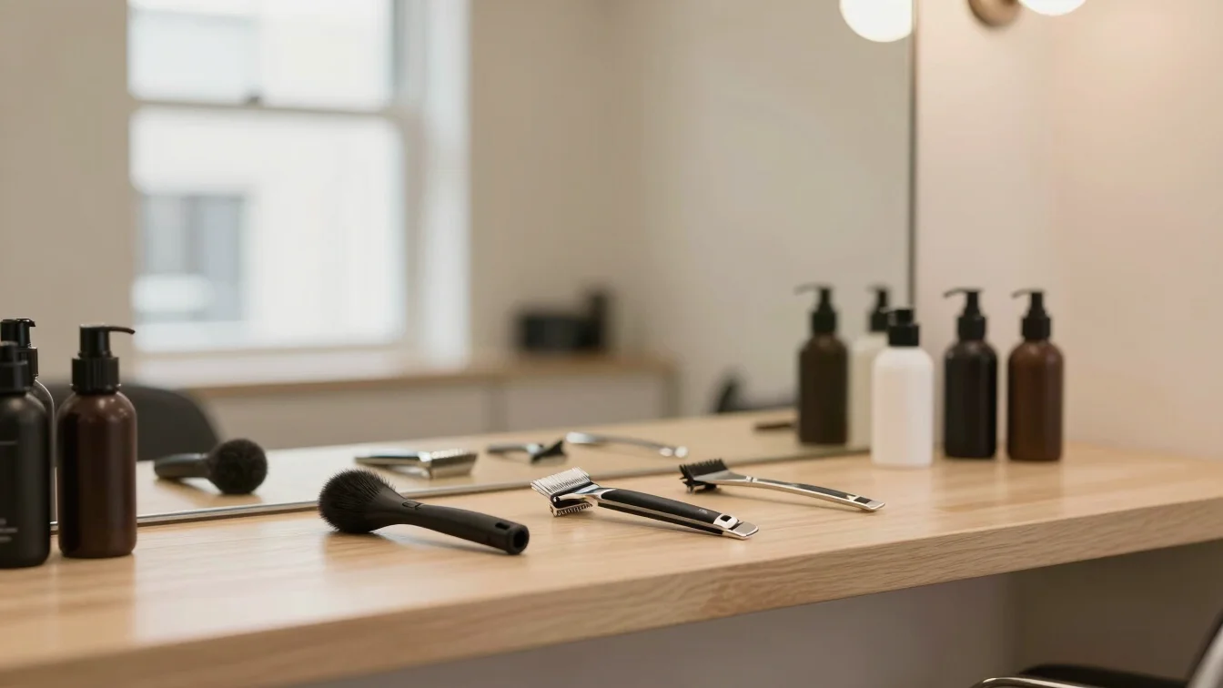Clean barbershop shaving setup with professional grooming tools and soft warm ambient lighting.