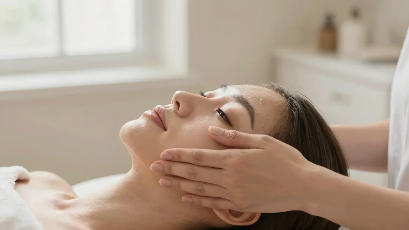 Close-up of manicured hands and glowing skin after a relaxing facial treatment under natural daylight.