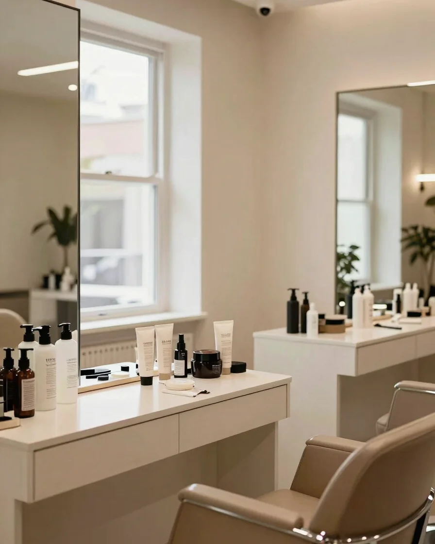 Warm editorial view of a polished salon interior with clean styling stations, soft natural window light, and neatly arra
