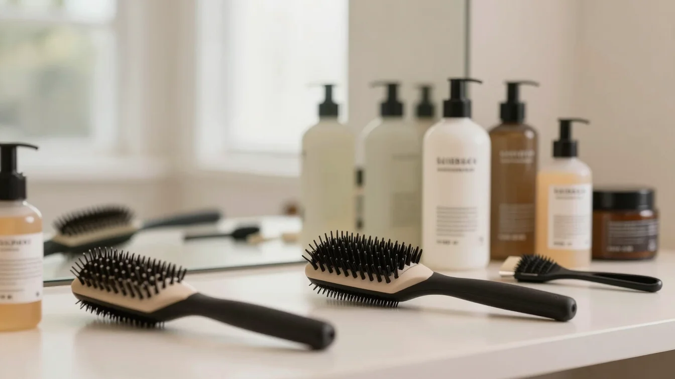 Close-up of hair styling tools and professional hair care products neatly arranged on a clean station surface.